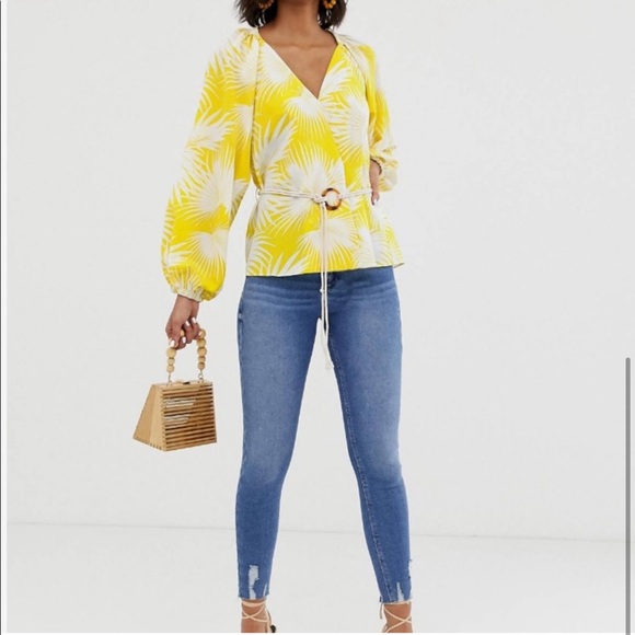 ASOS Yellow Palm Print Plunge Kimono Top V Neck Wrap Puffy Sleeve Blouse Size 2 - Picture 5 of 11